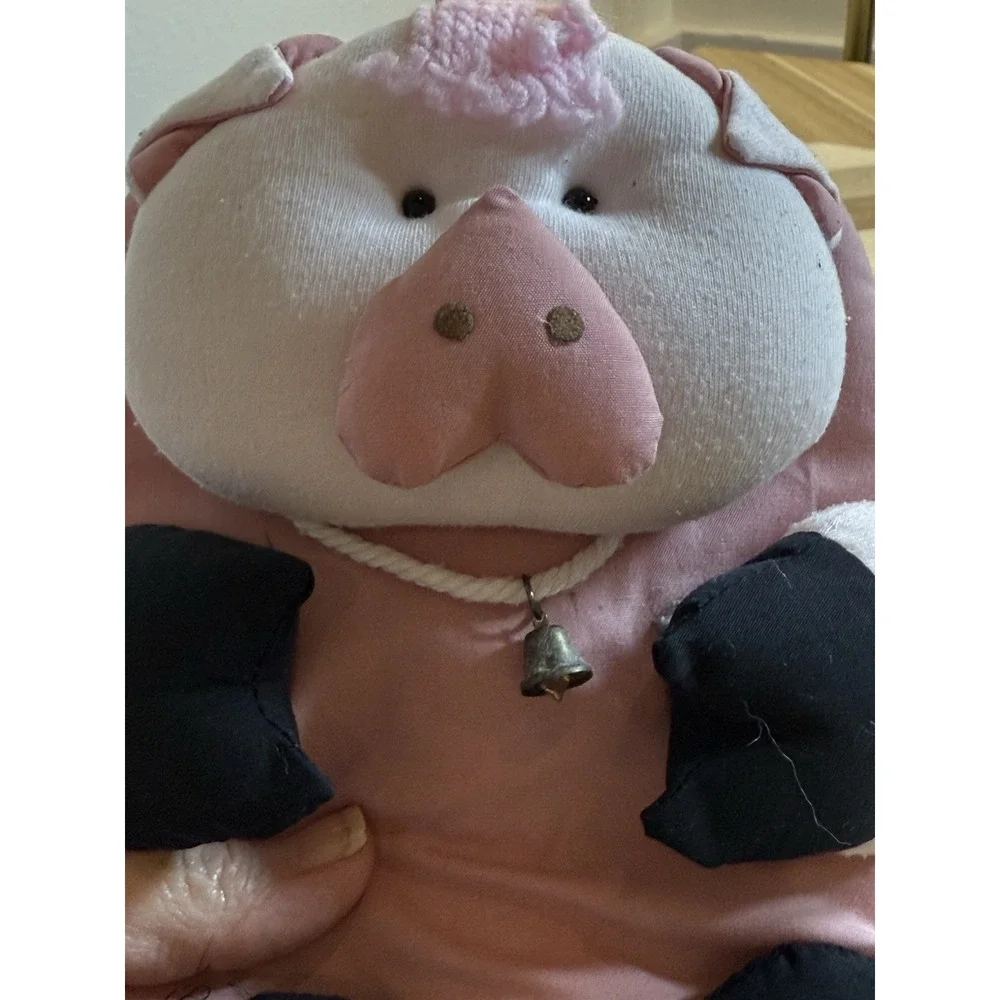 VTG Pink Plush Piggy w/bell Hanging‎ Potholder Cottagecore Farmhouse Adorable